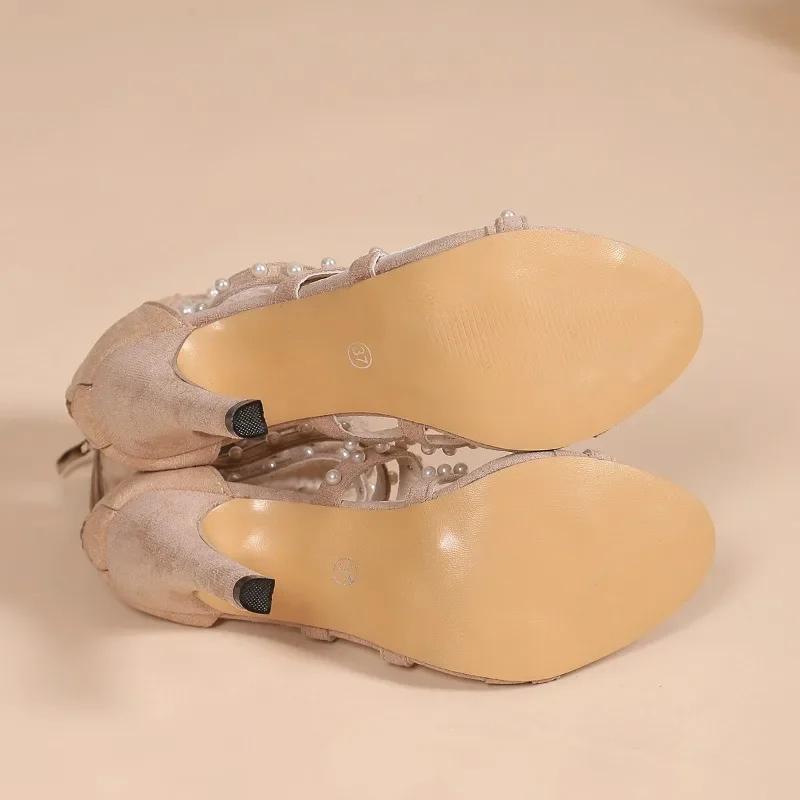 2024 Luxury Rhinestone Sandal Boots Women's High Heels Hollow Pearl Gladiator Sandals Women's Stiletto Party Shoes