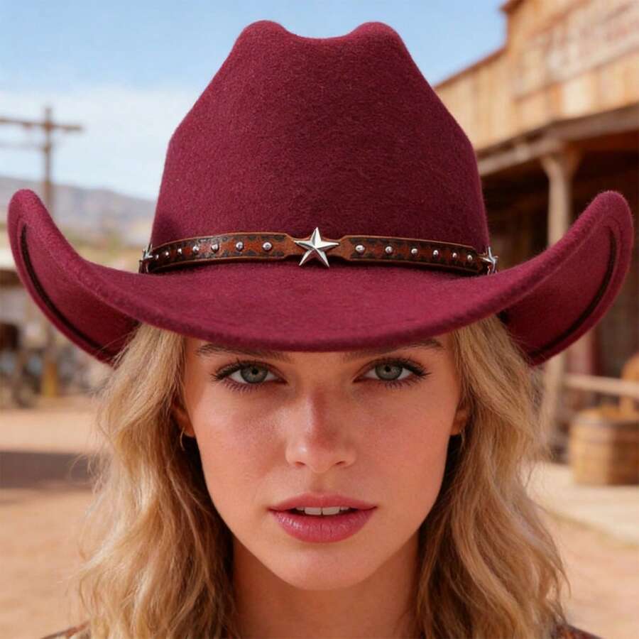 Westlicher Stil Cowgirl Fedora Hut Mit Stern Gürtel Dekoration Breiter Rand Für Frauen Männer Outdoor