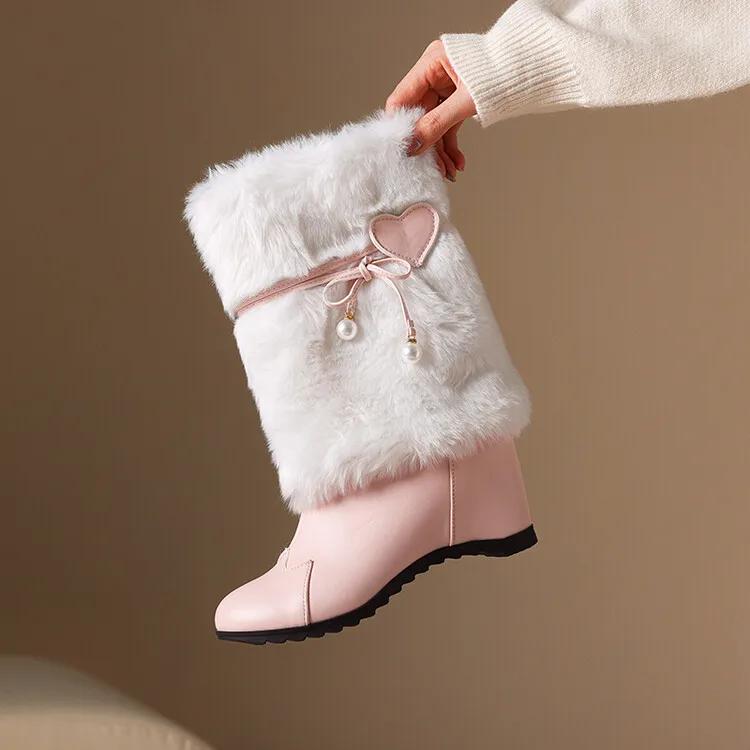 Fashion Plush Boots Black Leather Round Toe Increased Height Inside Mid Length Boots New 6cm Women's Winter Short Boots 35-43