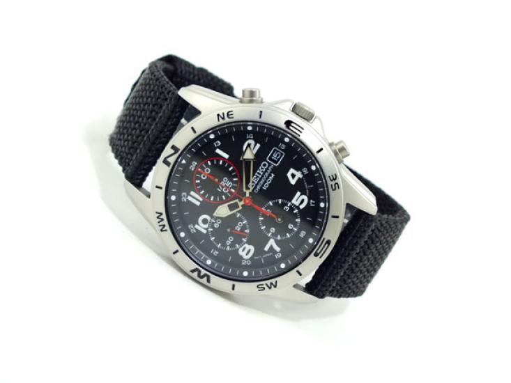 Seiko Men's Chronograph Watch SND399P, Tactical Black Dial, 1/20 Second Precision Quartz, Military Nylon Strap, 50m Water Resistant, Authentic JDM