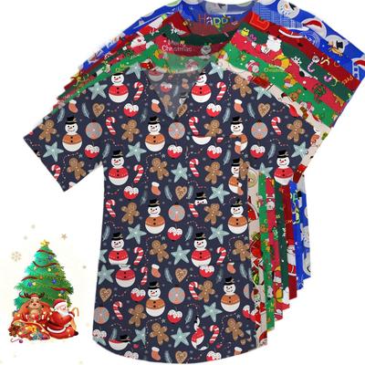 EWAKCOT Christmas Printed Scrub Tops Women Men Working Blouse Nurse Doctor Nursing Medical Accessories T-Shirt Unisex