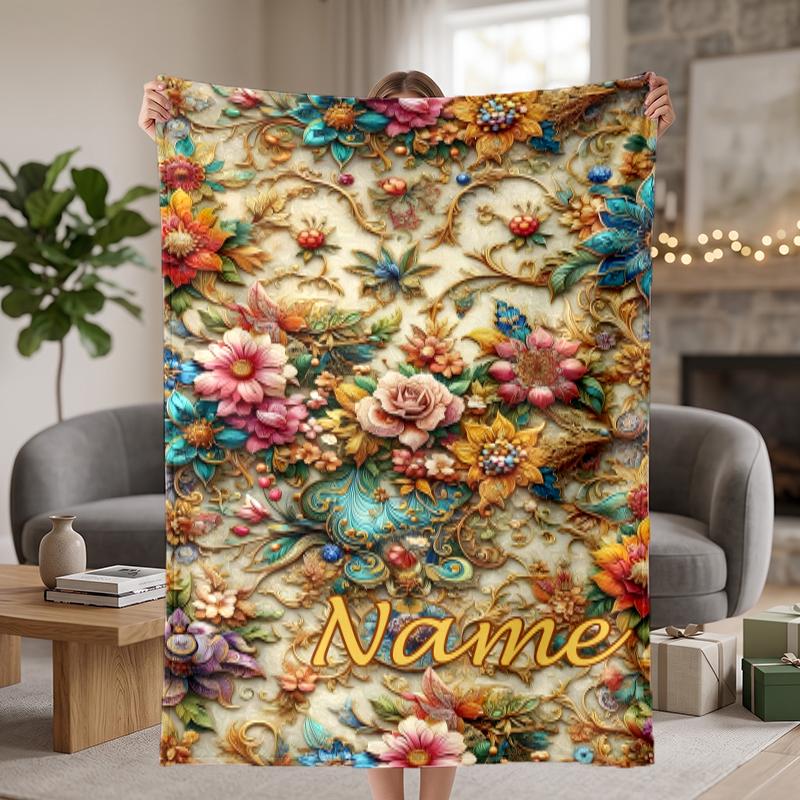 Retro floral Custom Flannel Blankets Soft Warm Cozy Throws for Home Decor Holiday Gifts