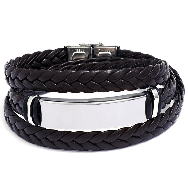 Simple And Stylish Stainless Steel Woven Leather Bracelet, Titanium Steel Smooth Multi-Layer Men'S Leather Bracelet