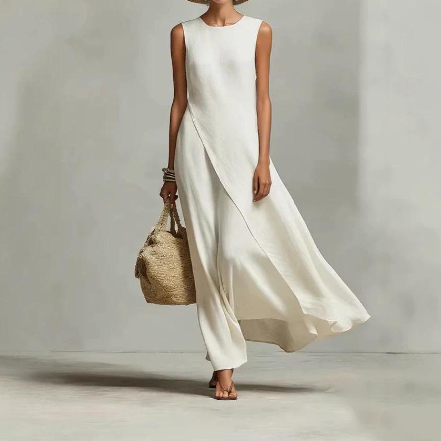 YYFS Women's Fashion Summer Spring Solid Color Print Sleeveless O-Neck Loose Waistline Casual Dresses