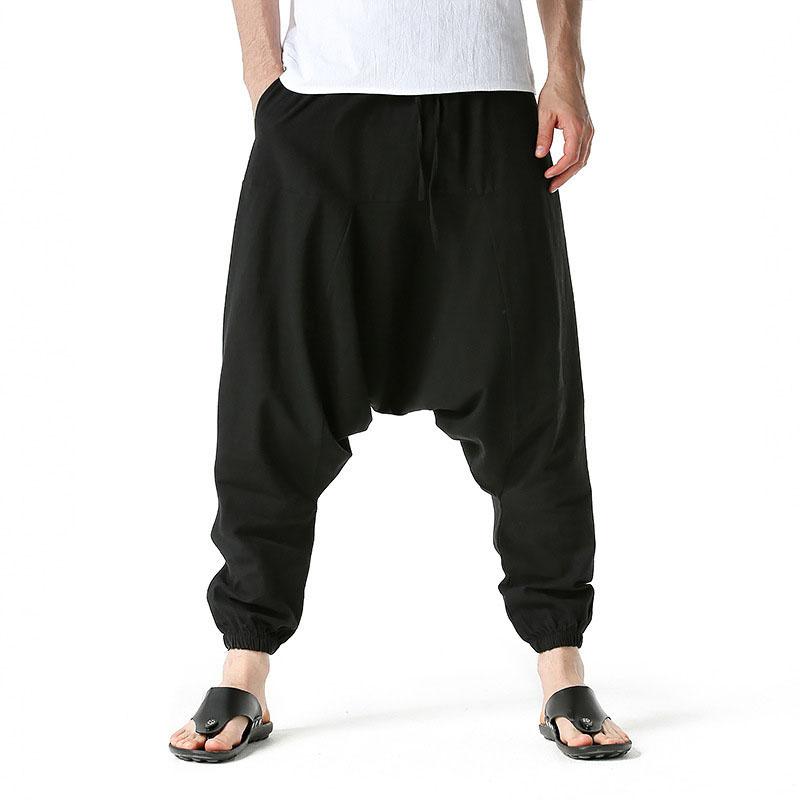 Men's Cotton Linen Casual Harem Pants Loose Fit Drop Crotch Lounge Pants Elastic Waistband Drawstring Adjustable Fit