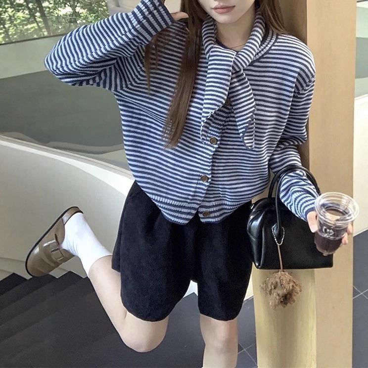 Design Sense Damen Gestreifte zum Binden Gestrickte Strickjacke - 2025 Herbst/Winter Kollektion.