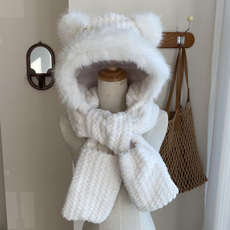Cute Mao Mao Ears Integrated Hat Scarf Gloves Three-piece Set Women's Winter Cycling Warm Versatile Windproof Ear Cap