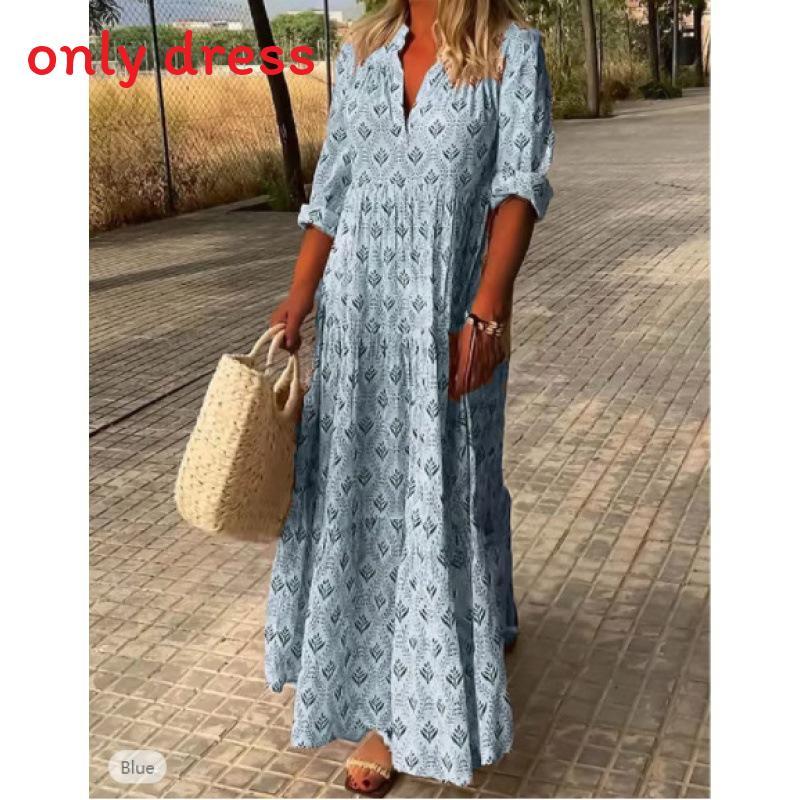Polyester Vintage Long Dress With 3d Print And Pleated Style For Casual Fashion