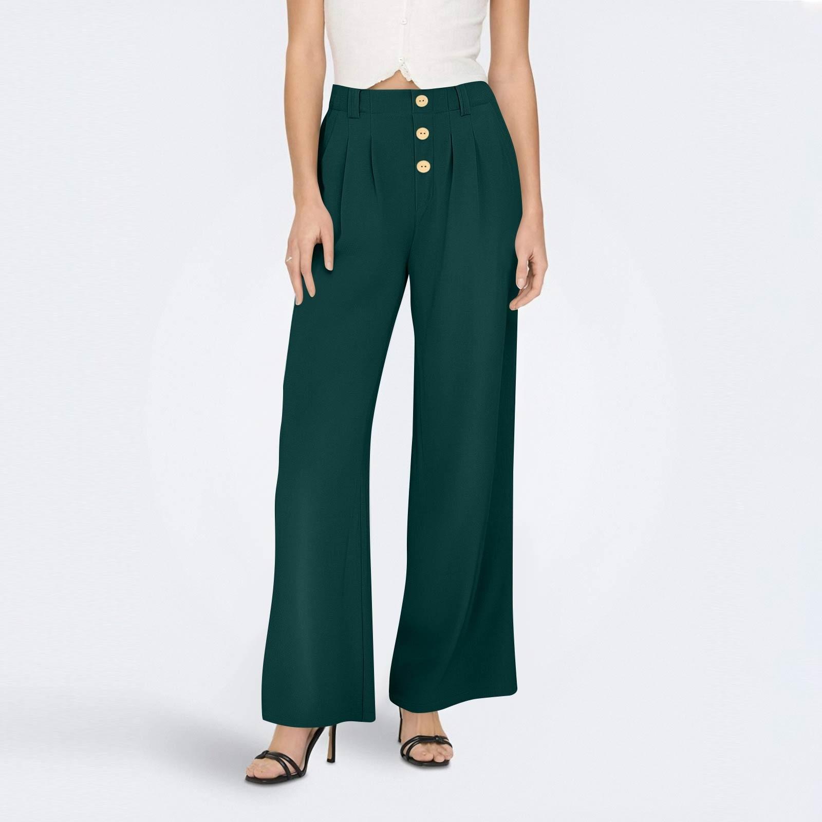 

Женские повседневные прямые брюки однотонные с высокой талией и карманами L темно-зеленого