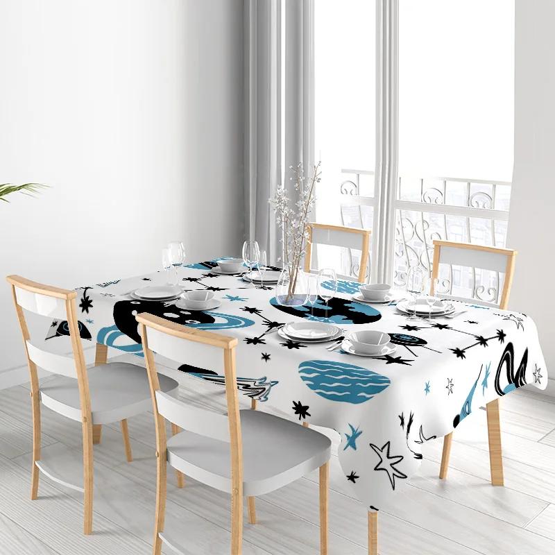 Modern Space Pattern Dining Tablecloth Blue Black Colorful Design for Home Decoration