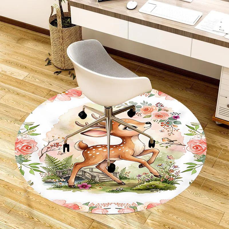 1PC Deer Flowers Non-Slip Floor Round Carpet, Office, Family, Bedroom, Large Area Rug Indoor Rugs, Durable Polyester-L0396