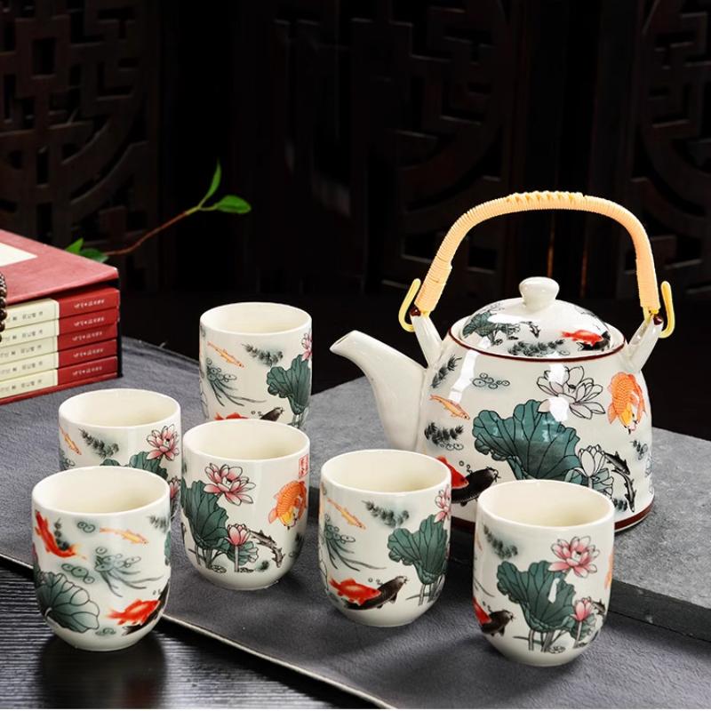 Vintage light luxury, large capacity teapot tea cup,ceramic celadon kung fu tea set, one pot with six cups and a filtered teapot