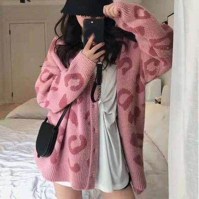 Fashion V-neck Cardigan Leopard Print Sweater for Women Autumn Winter Korean Version Loose Casual Knitted Jacket Elegant Ladies Simple Office Clothing