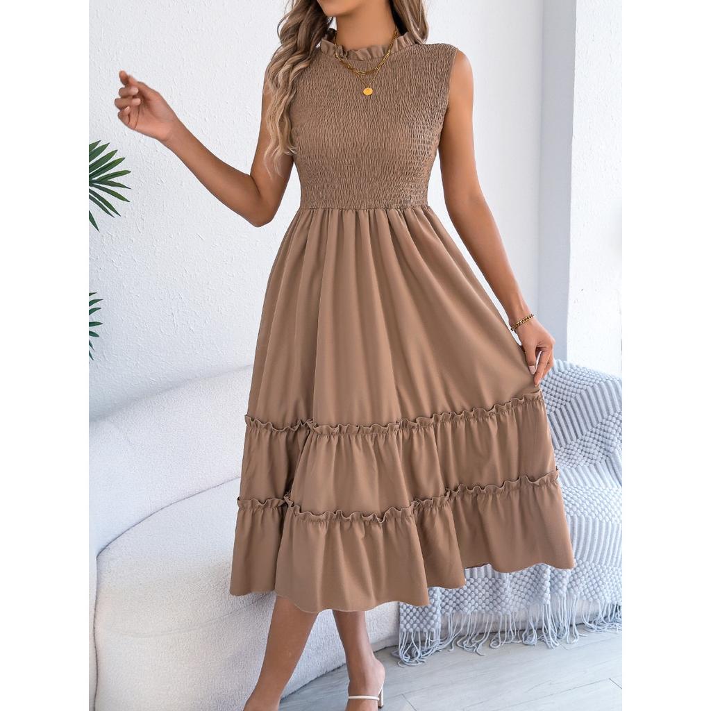 Spring Summer Women's Casual Smocked Waist Sleeveless Ruffle Trim Flowy Maxi Long Dress for European American Crossborder