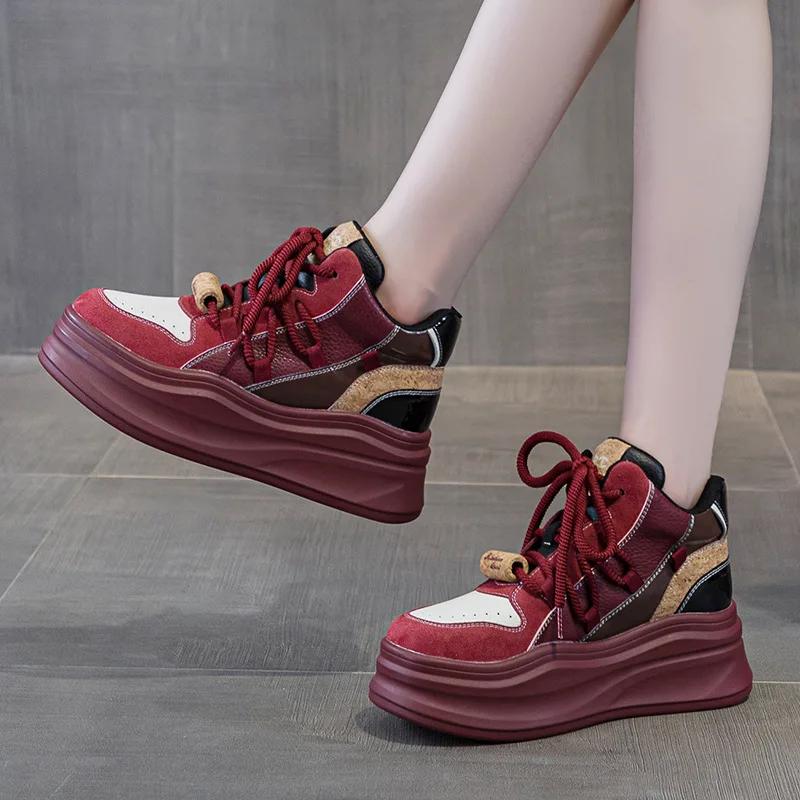7CM Genuine Leather Platform Wedge Fashion Women Spring Comfy New Autumn Winter Chunky Sneakers Vulcanize Shoes Skateboard Shoes