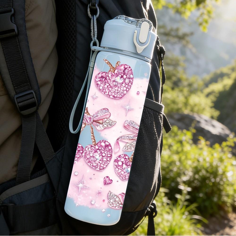 1PC Pink Bow Butterfly Decoration Print 750ml Color Plastic Sports Water Bottle Leakproof Flip Straw Lid Suitable for Sports Office Home Use