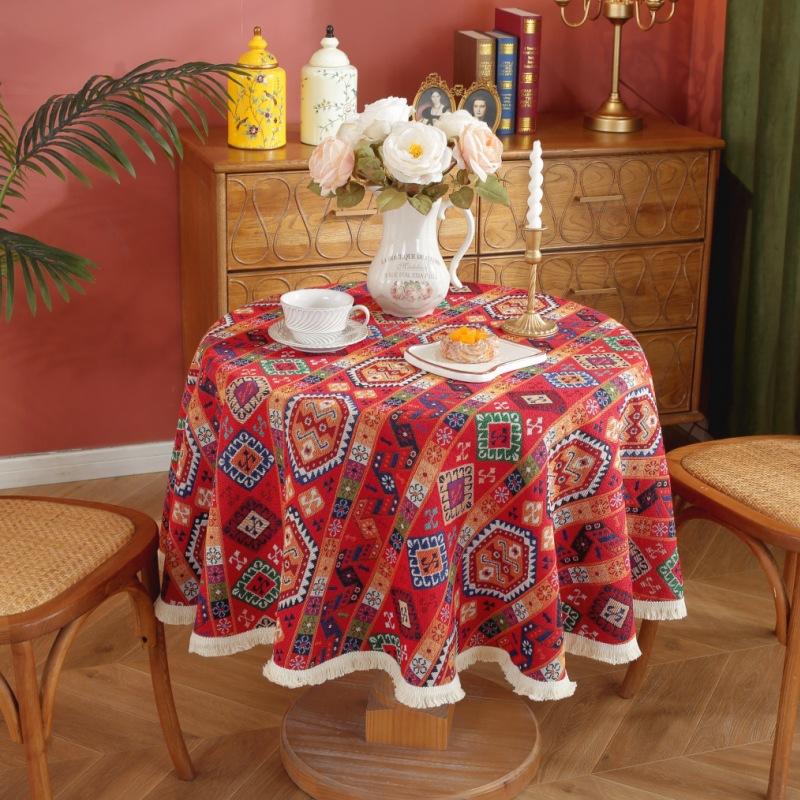 Bohemia Embroidery Patterns Table Cloth Red Badge Tassels Table Cover for Dining Coffee Party Table Decoration Rectangular Round