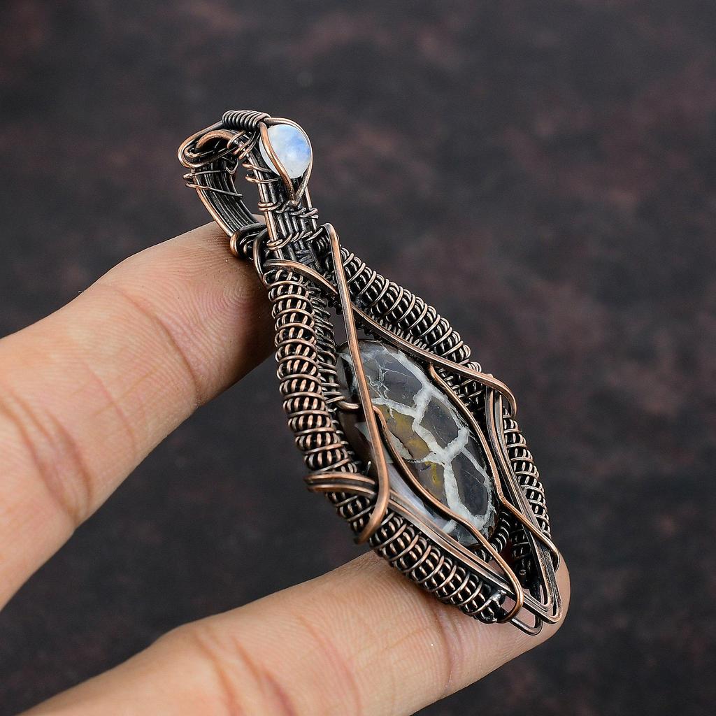 Moroccan Mud Crack Fossil Copper Pendant Wire Wrapped Pendant Handmade Copper Jewelry Moonstone Pendant Dainty Gemstone Jewelry Gift For Her