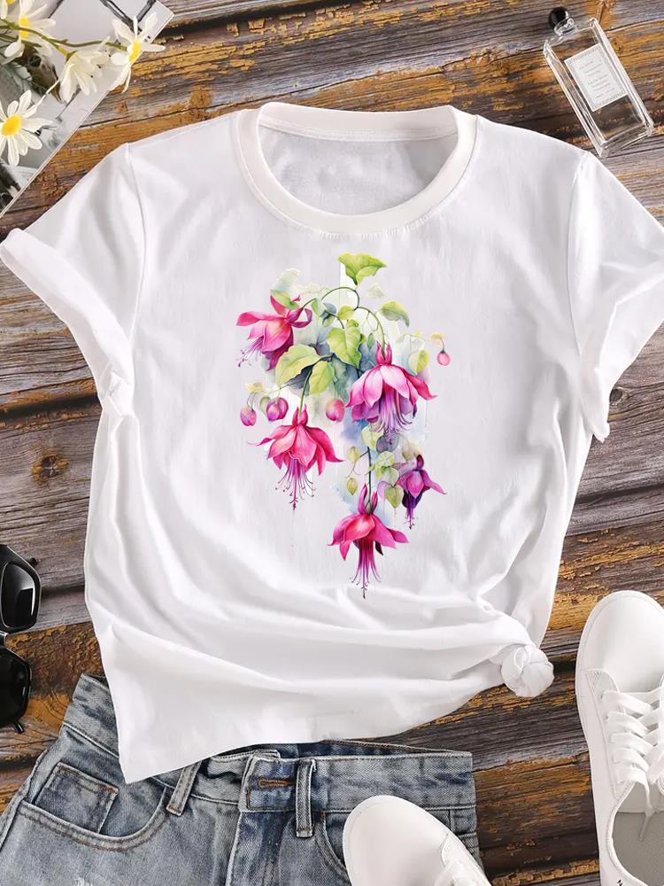 (Asian Size)  Tee Women Clothing Flower Lovely Trend Cute Casual Top Short Sleeve T Shirt Fashion Print Lady Female Graphic T-shirts