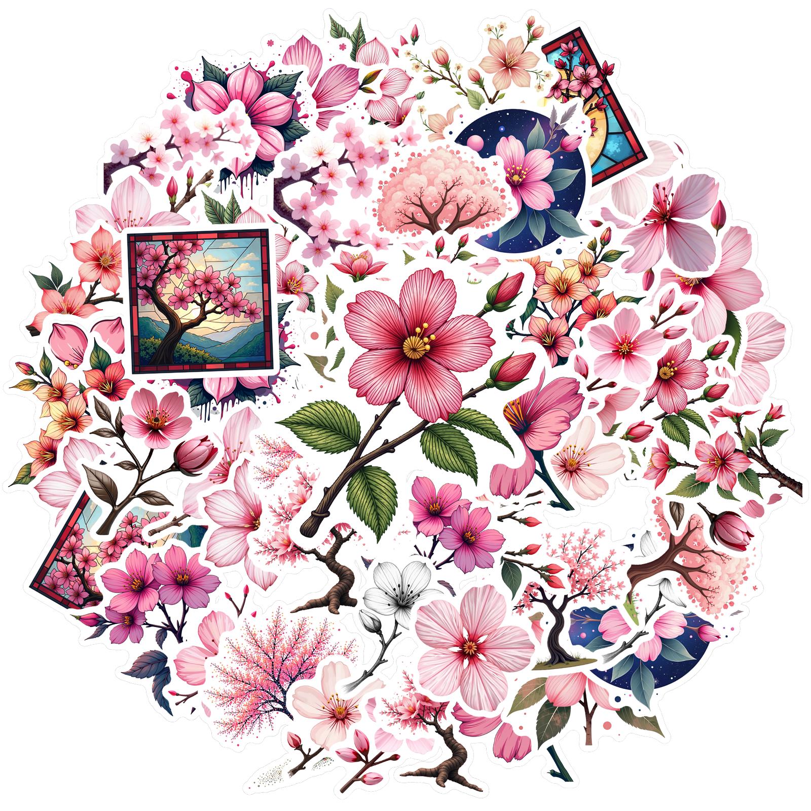 

35-50pcs Cherry Blossom Stickers Spring Summer Aesthetic Decorative Luggage Laptop Cup Phone Diary Graffiti Decals