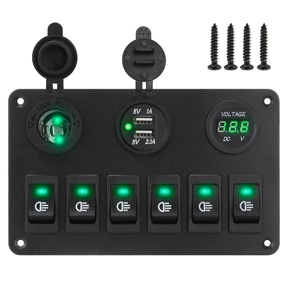 12V 6 Button Switch Panel USB Chargers Car Light Toggle 24V Truck Power Adapter Accessories For Marine Boat Trailer RV Caravan