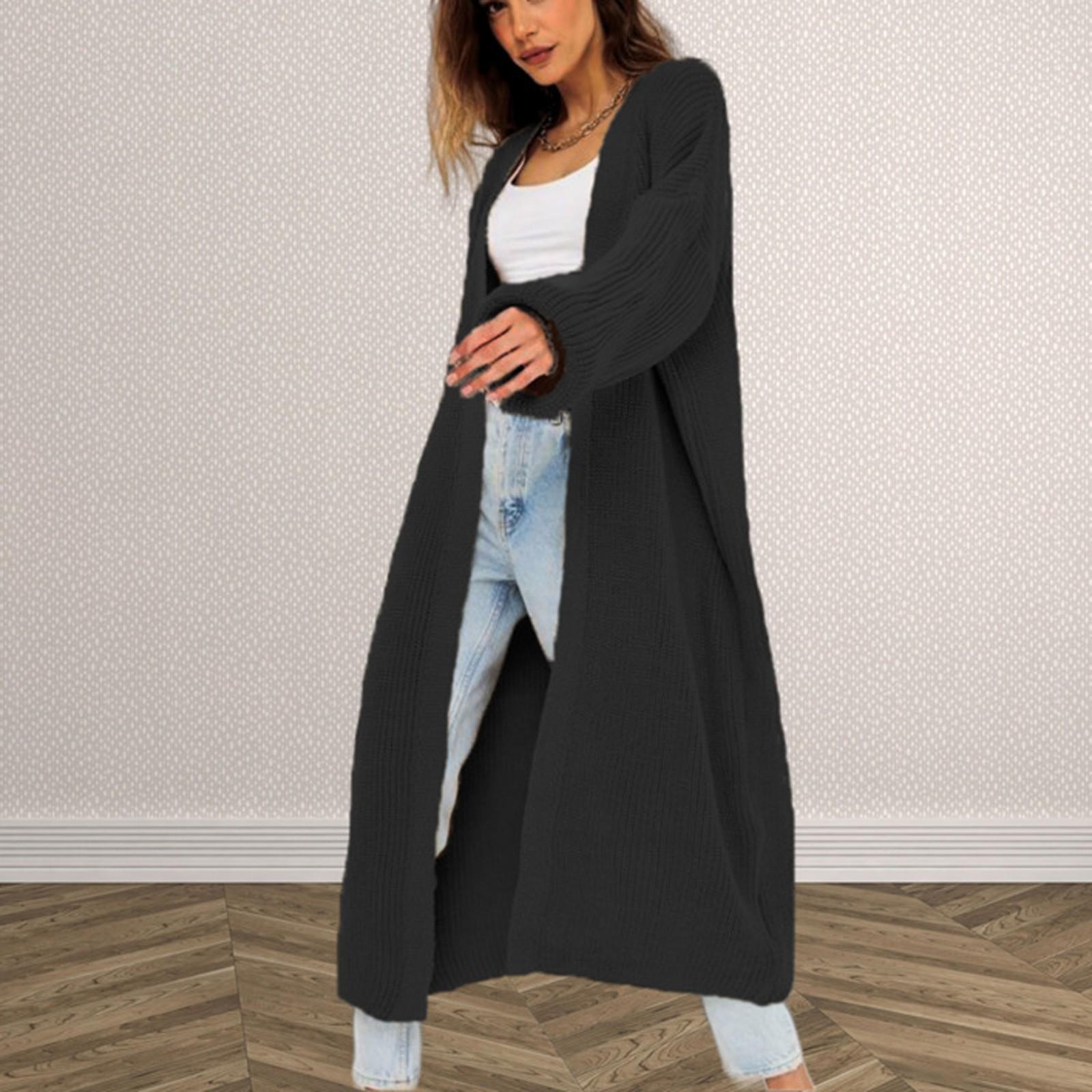 Женская мода повседневный длинный вязаный кардиган свитер свободный свитер куртка L чёрный