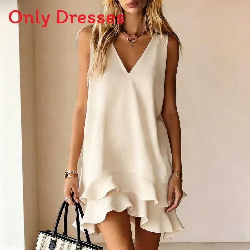 Casual Sleeveless V Neck Dress With Ruffle Hem For Summer Comfort