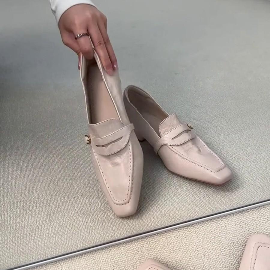 Sheepskin Version Square Head Thick Heel Fashion Women'S Temperament Small Leather Shoes Fashion Popular Loafers Trend Shallow Mouth Single Shoes
