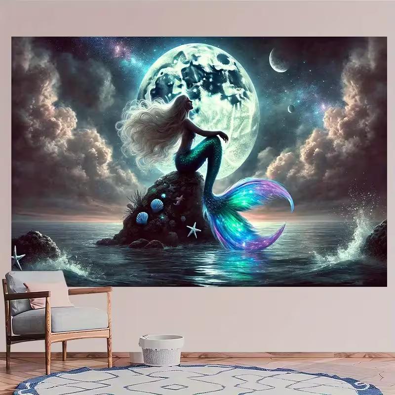 

2D Galaxy Mermaid Tapestry Starry Night Sea Living Room Backdrop 47.2x31.5inch/120*80cm
