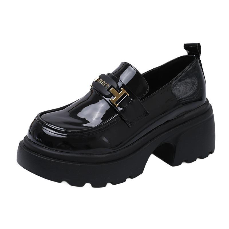 Autumn New Small Man Height Increase Black Women's Retro Platform One Pedal Small Leather Shoes