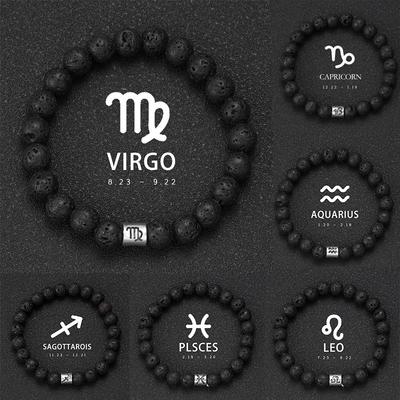 Bracelet homme en pierre volcanique naturelle Bracelet 12 signes du zodiaque Vierge Capricorne Taureau Verseau Sagittaire Cancer Bélier