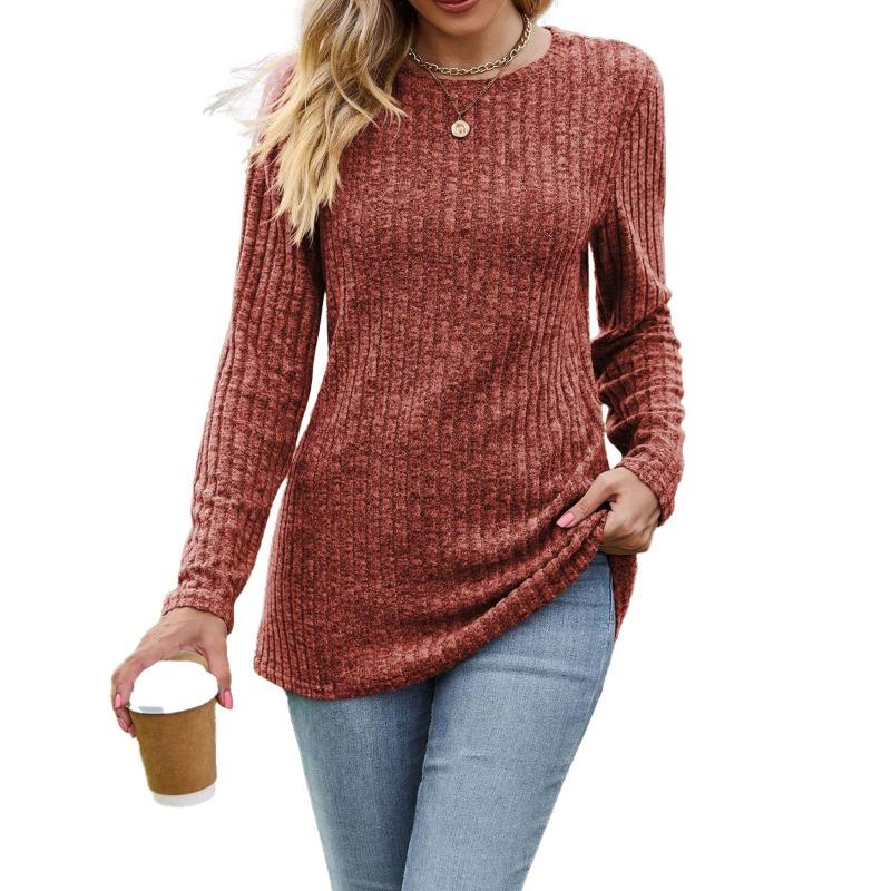 Modne damskie bluzki i koszule na co dzień w jednolitym kolorze z długim rękawem i dekoltem w kształcie litery O