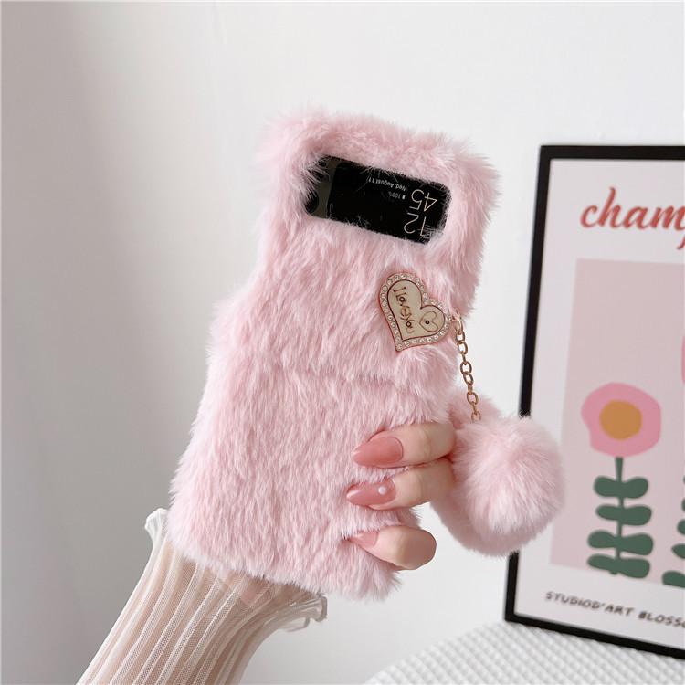 Applicable To Samsung Z Flip4 Plush Mobile Phone Case Zflip3 Bow Pearl Solid Color Protective Case Autumn and Winter Hair Case