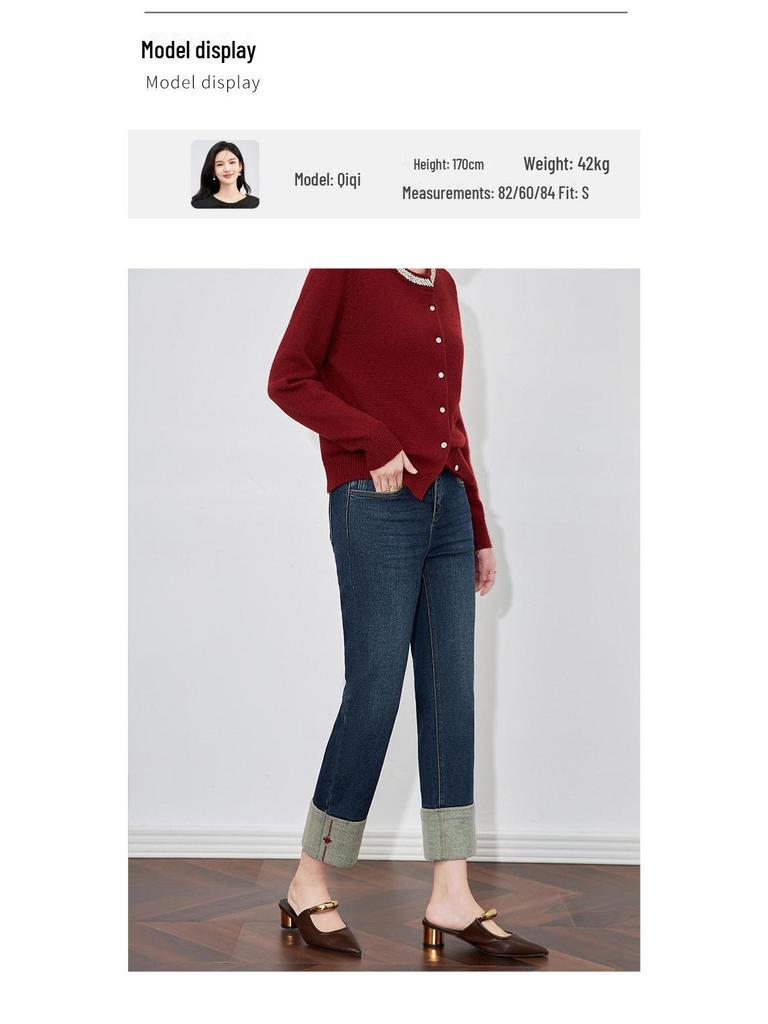 Nanyou Embroidered Velvet Cuff Slim Straight Jeans - Women's Winter Style