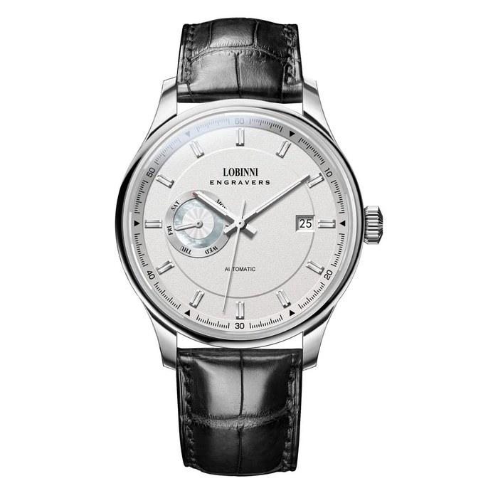 LOBINNI Men's Automatic Watch, Stainless Steel, 50m Waterproof, Mechanical Watch, Sapphire Mirror, Leather Band, Week/Date Display (Men's