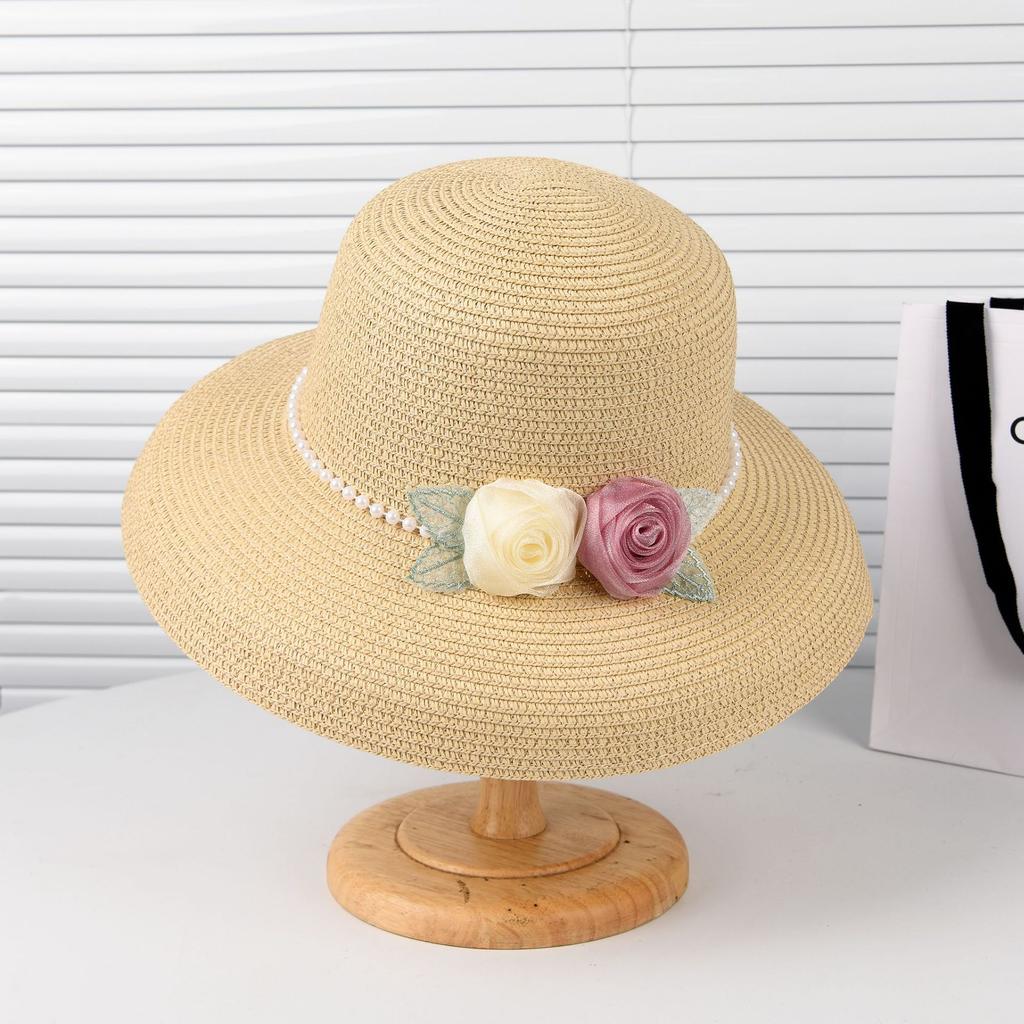 Hepburn Style Straw Hat Summer Elegant Straw Top Hat Seaside Beach Sun Hat Sun Protection Pearl Big Edge Hat