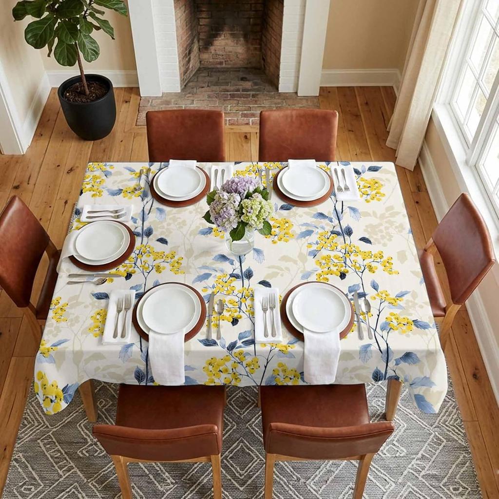 Summer Yellow Flower Leaf Plant Rectangle Tablecloth for Table Decor Reusable Floral Tablecloth for Kitchen Dining Holiday Party