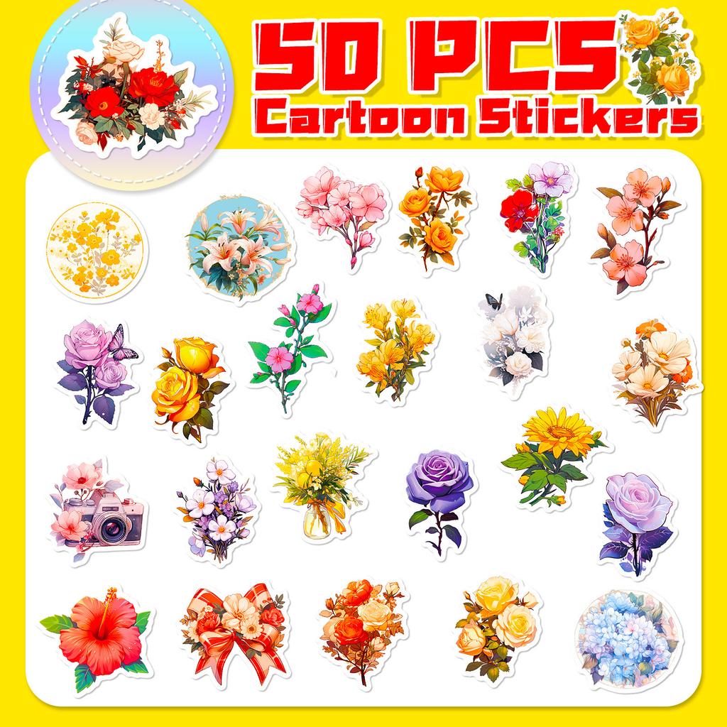50 Retro Flowers Doodle Decals Plant Flowers Hand Account Cartoon Creative Hand Account Decals Premium Durable