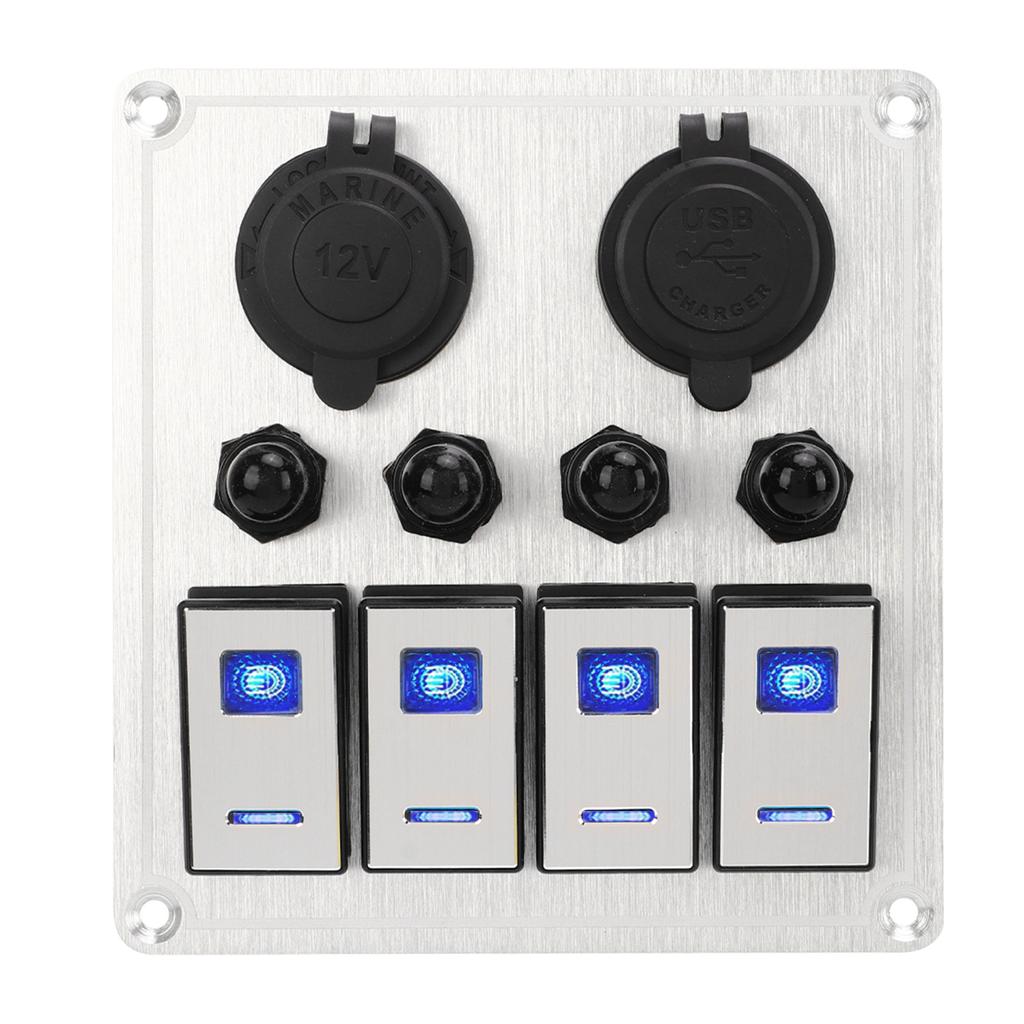 4 Gang Rocker Switch Panel Waterproof Marine Boat Toggle Switch Panel Silver Oxide On Off with Double Blue Light