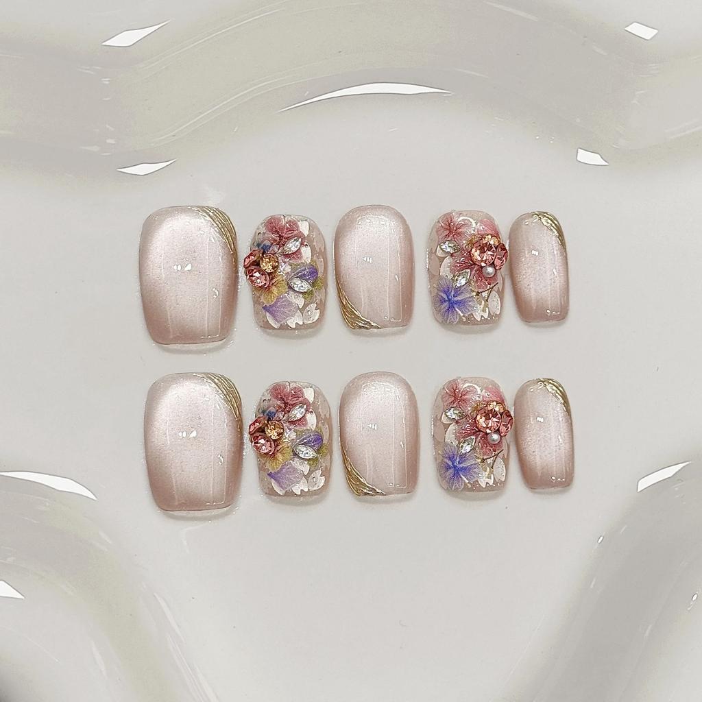 10Pcs Short Ballet Cat Eye Press On Nails Handmade Shiny Rhinestone Full Cover Fake Nails Summer Fashion Manicure Set