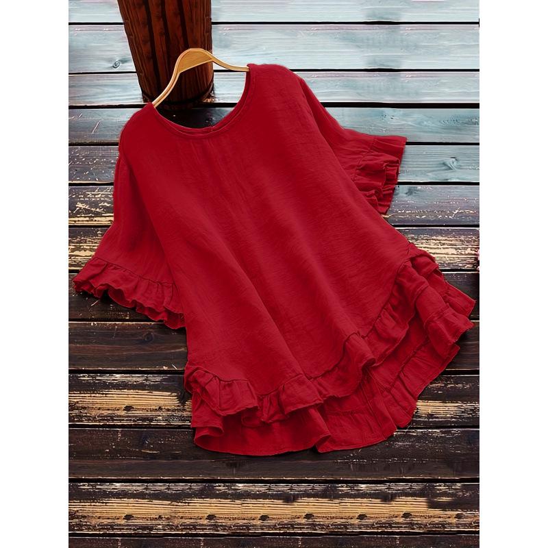 Cross2026 Women's Loose Ruffle Short Sleeve Button-Up Round Neck Shirt