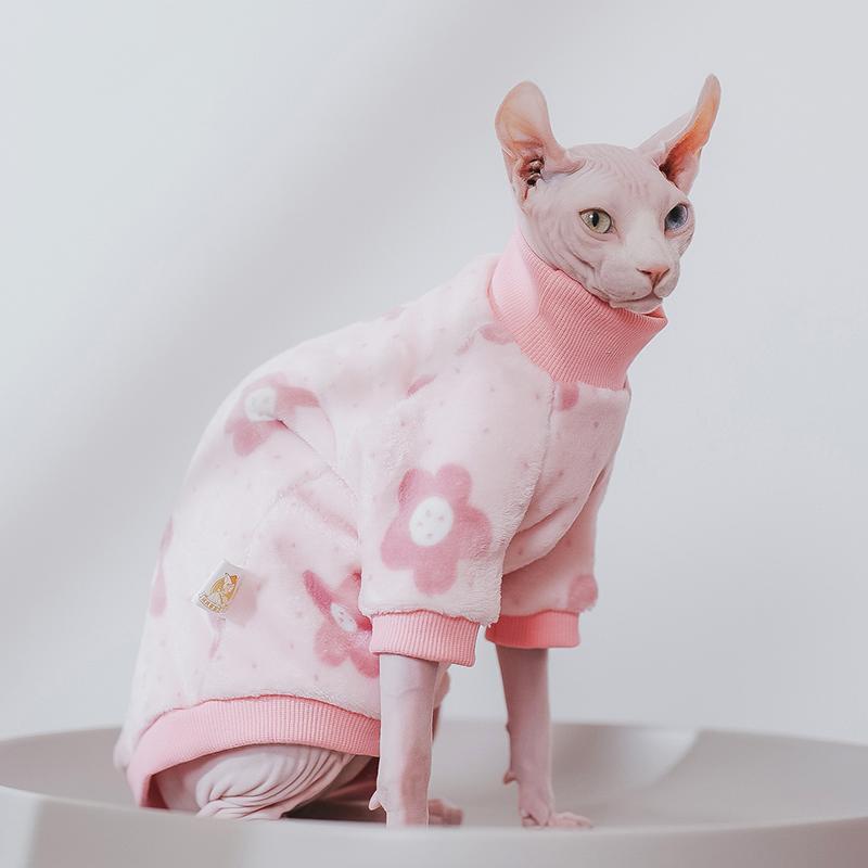 Sphynx Cat Clothes Winter Warm Pet Cat Hoodies Cute Floral Soft Flannel Kitten Cat Pajamas Costumes For Sphinx Devon Rex Cats