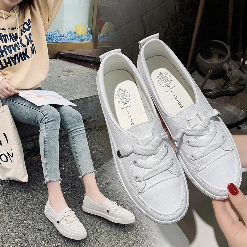 Women Leather Sneakers White Flat Casual Shoes Lace-up Comfortable Walking Shoes High Quality Ladies Sports Footwear