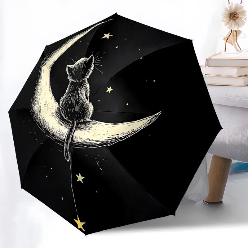 1pc Moon CatAutomatic Folding Umbrella, Portable Collapsible Design, Casual Outdoor Accessory, for All Seasons049