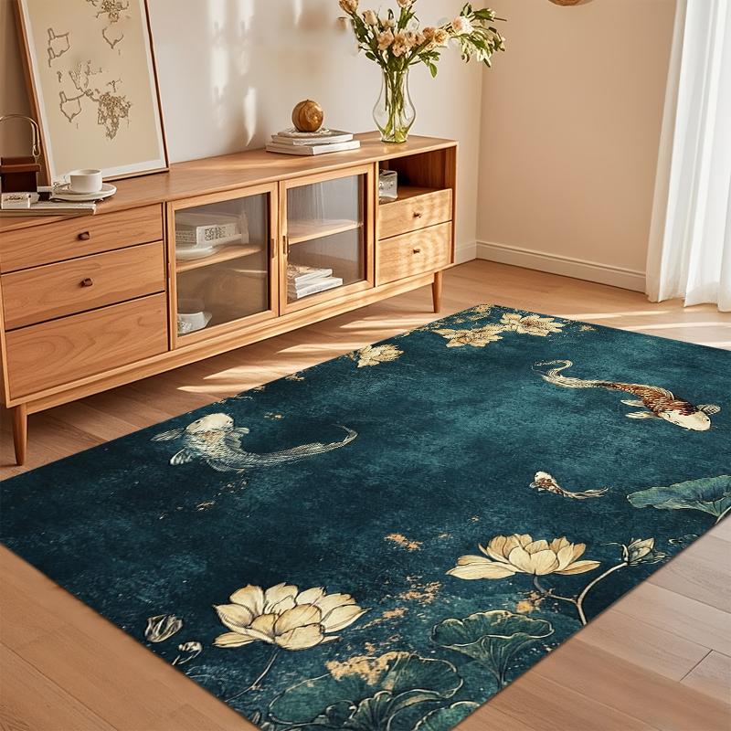 Area Rug Carpet Non Slip Vintage Koi Fish Lotus Pond Floor Mat for Entryway Bedroom Living Room Kids Room Home Decor