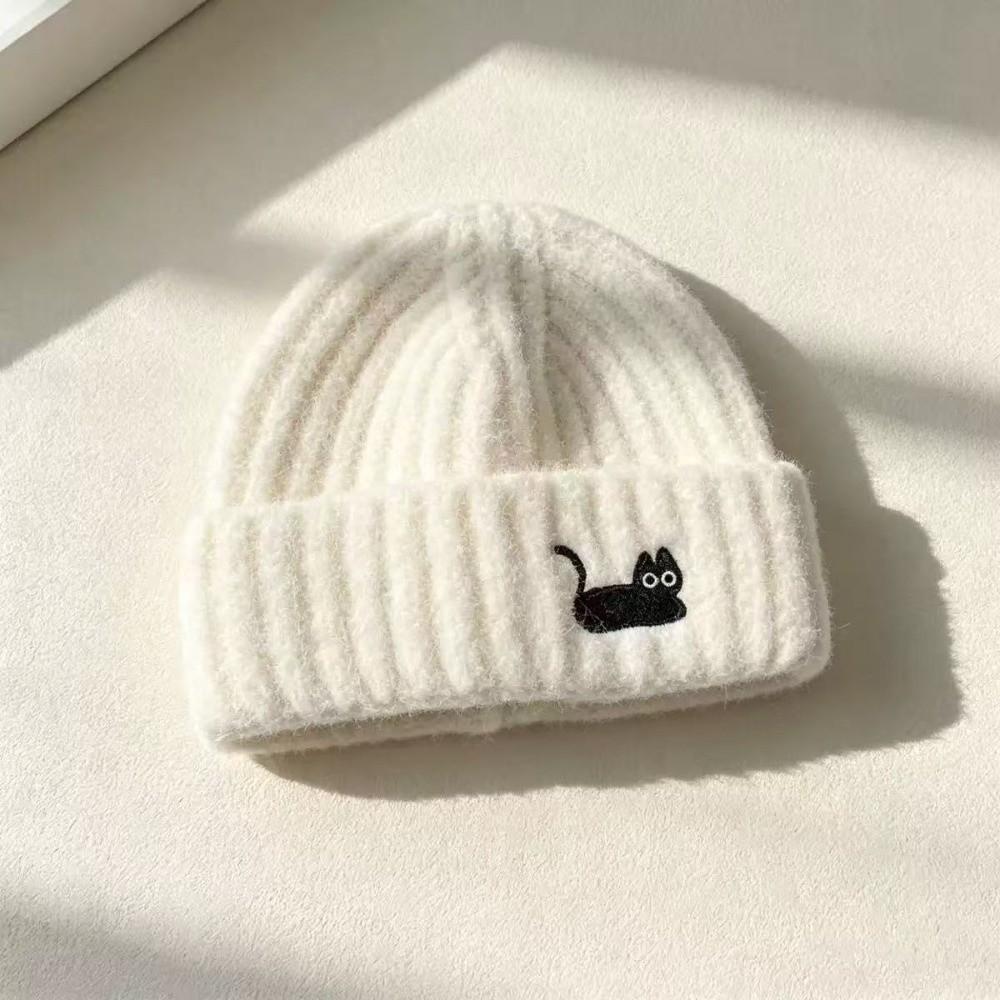 Soft Warm Beanie Hat Cat Embroidered Winter Thermal Cap New Knitted Woolen Hat  Women