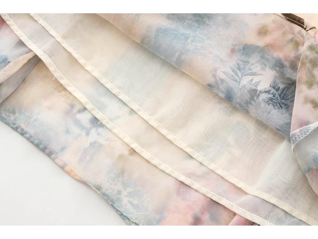 Květinové midi šaty s výstřihem do V a páskem - Dámský evropský a americký styl 2025 Jarní/podzimní kolekce