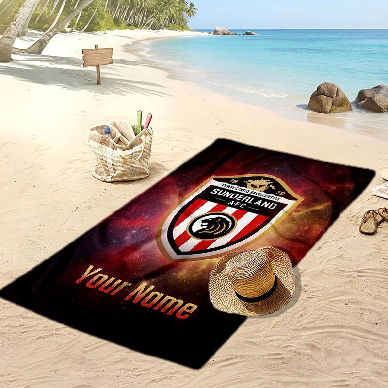 Asciugamano da Spiaggia Personalizzato Stampato Sunderland FC Logo Calcio Supporto Nome Personalizzato Testo Asciugamano Assorbente Per Sport Viaggio Regalo Speciale