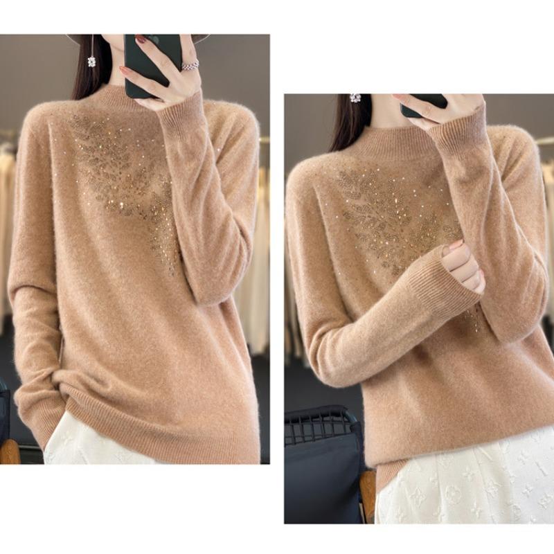 Women S Half Turtleneck Rhinestone Knitted Sweater Long Sleeve Base Layer