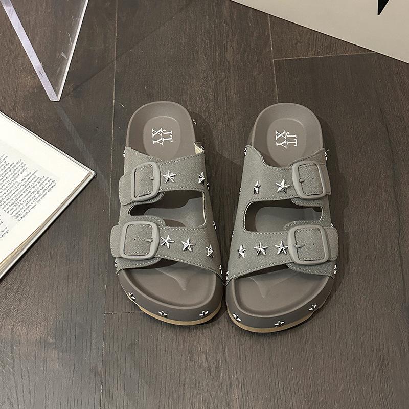 

2025 summer metal buckle flat-bottomed slippers women wear ins trendy women s one-word drag retro thick-bottomed cool slippers 35